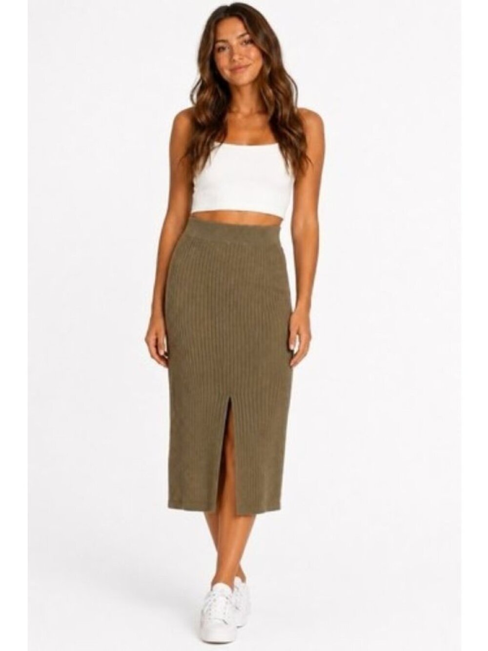 Free People Skyline Midi Skirt Womens M Ribbed Knit Olive Green Stretch Slit